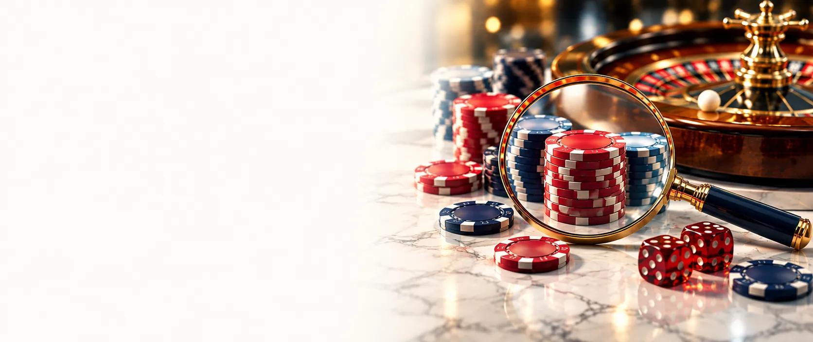 Lupa sobre fichas de casino, con dados y una ruleta